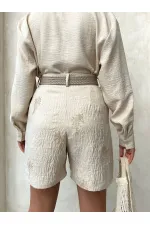Kemer Detaylı Nakışlı Keten Şort - Taş | Topshow