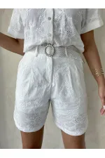 Nakışlı Vual Şort - Krem Topshow