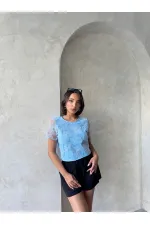 Boncuk İşlemeli Toptan Bluz - Mavi | Topshow