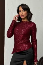 Blouse à manches longues à sequins brillants - Bordeaux | F2060