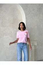 Çiçek Detaylı Tişört - Pembe | Topshow