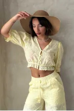 Embroidered Blouse with Scallop Detail - Yellow | Topshow
