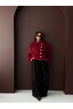 Topshow - Toptan Tavşan Tüyü Dügmeli Kaban - Bordo