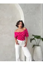 Topshow Fuchsia Gipe Detailed Patterned Chiffon Wholesale Blouse