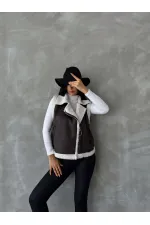 Vente en gros de gilets en daim et fourrure - Anthracite crème | TOPSHOW | F1532