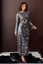 Topshow - Wholesale Floral Printed Sequin Long Skirt - Flower Dsn Sequin