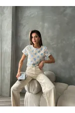 Topshow Raw Blue Short Sleeve Checkerboard Pattern Crochet Wholesale Blouse