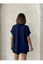 Topshow Lacivert Keten Ham Cep Aplik Cepli Keten Toptan Gömlek