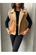 F Suede Collar Furry Wholesale Vest - Tan | TOPSHOW | F1532