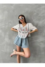 Topshow Cream Gray Embroidered Wholesale Blouse