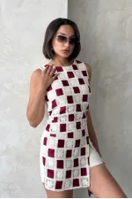 Kolsuz Dama Desen Tiğişi Bluz - Ham Bordo | Topshow