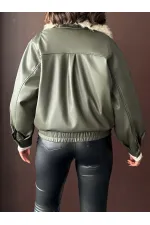 Yakası Kürklü Kruvaze Deri Mont - Haki