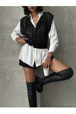 Topshow Black Braided V-Neck Wholesale Blouse