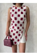 Kolsuz Dama Desen Tiğişi Bluz - Ham Bordo | Topshow