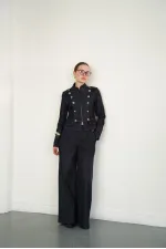 Mandarin Collar Zip-Up Jacket with Epaulets - Navy Blue | F2084 - Topshow