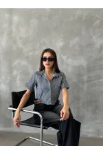 Topshow Black Striped Belt Detailed Striped Wholesale Shirt