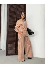 Topshow Stripe Detailed Scuba Suede Trousers - Mink | F1972