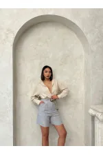 Kemer Detaylı Nakışlı Keten Şort - Gri | Topshow