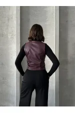 Gilet en cuir boutonné en gros - Rouge bordeaux | TOPSHOW | F1503