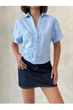 Dantel İşlemeli Toptan Gömlek - Mavi | Topshow