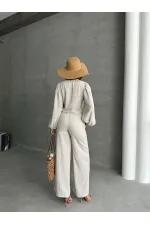 Glitter Striped Front Tie Wholesale Blouse - Stone Gold | TOPSHOW | F1804