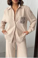 Topshow - Toptan Cebi Nakışlı Fitilli Kadife Gömlek - Taş