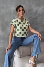 Topshow Raw Emerald Short Sleeve Checkerboard Pattern Crochet Wholesale Blouse
