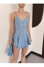 D3003  PUANTİYELİ ASKILI MİNİ ELBİSE - MAVİ KAHVE