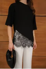 D 2953 DANTEL DETAYLI ASİMETRİK TİŞÖRT - SİYAH