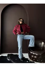 Topshow - Veste bomber en fausse fourrure (vente en gros) - Détails perles - Bordeaux