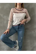 Blouse en tulle détaillée en gros - Crème | TOPSHOW | F1634