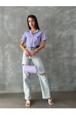 Topshow Lilac Striped Belt Detailed Striped Wholesale Shirt