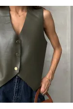 Gilet en cuir boutonné en gros - Kaki | TOPSHOW | F1515