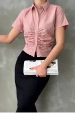 Topshow Powder Gipel Front Gathered Wholesale Blouse