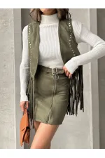 Süet Fermuarlı Toptan Etek - Haki | TOPSHOW | F0121