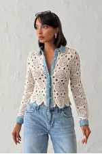 Dantel Detaylı İnci Düğmeli Uzun Kollu Kadın Toptan Gömlek-  Ham Mavi -Topshow | Topshow | F1945