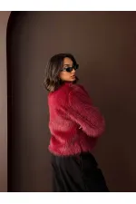 Topshow - Toptan Tavşan Tüyü Dügmeli Kaban - Bordo