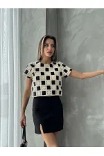 Topshow Raw Black Short Sleeve Checkerboard Pattern Crochet Wholesale Blouse