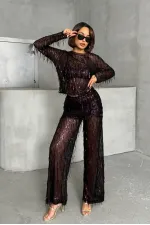 Pullu Tül Toptan Pantolon - Siyah Bordo | TOPSHOW | F1611