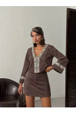 Jupe Topshow en daim scuba à rayures - Marron | F1974