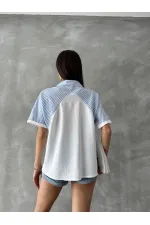 Topshow Blue Stripe Detailed Low Sleeve Wholesale Shirt