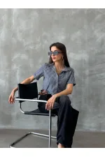 Topshow Black Striped Belt Detailed Striped Wholesale Shirt