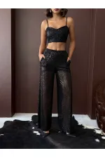 Topshow - Wholesale Sequined Wide Leg Women's Trousers - Stylish Night Outfit - Black