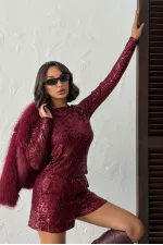 Chemisier à manches longues brodé de sequins scintillants Topshow pour femme - MARRON | F1866