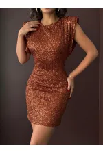 Topshow Sparkling Sequin Embroidered, Backless, Mini Evening Dress - COFFEE