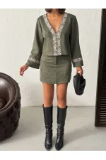 Topshow Şerit Detaylı Scuba Süet Etek - Haki | F1974