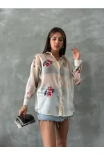 Embroidered Organza Wholesale Shirt - Stone | TOPSHOW | F1690