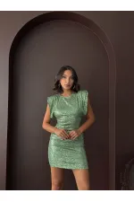 Topshow Işıltılı Pul İşlemeli, Arka Dekolteli, Mini Gece Elbisesi  - AÇIK HAKİ