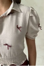 Bow-Tie Linen Wholesale Shirt - Stone | Topshow