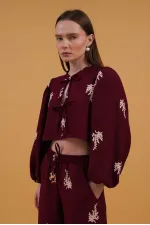 Front-Tie Embroidered Wholesale Blouse - Claret Red | Topshow | F1711